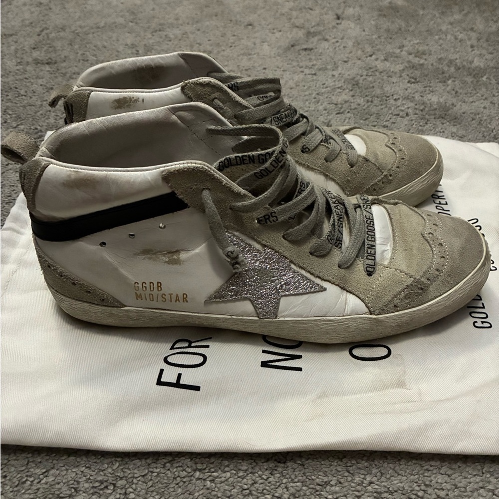 Golden Goose White and Tan Suede & Leather Mid-Star Sneakers sz 39